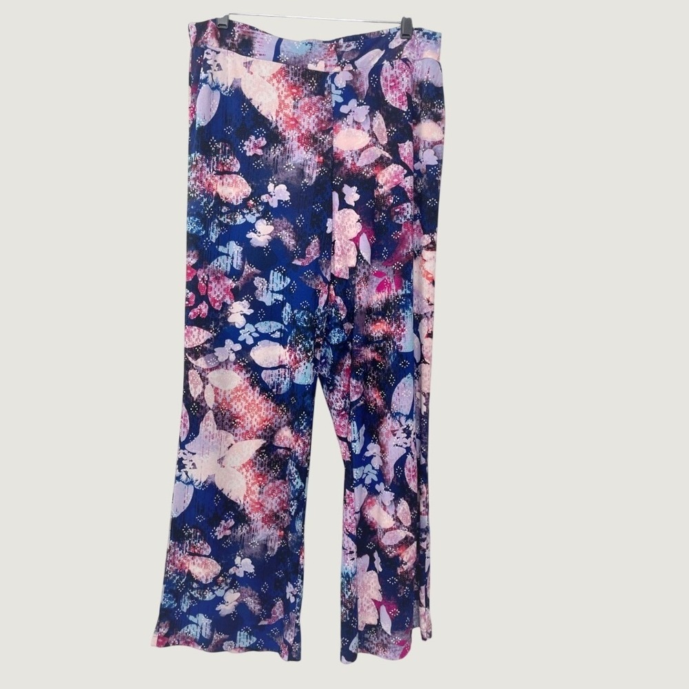 Dana Buchman Womens Floral Wide Leg Pants Multicolor Elastic Waist Casual Sz L
